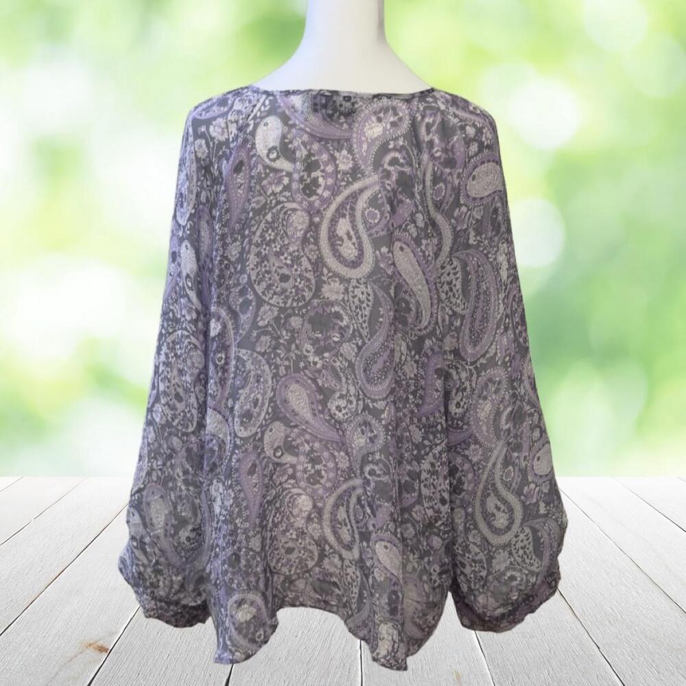 NILI LOTAN Silk Blouse Purple Paisley Sheer Balloon Sleeve Top Womens M Made USA - Picture 2 of 12